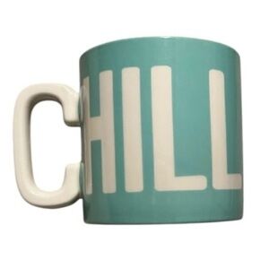 Chill mug with C as the handle aqua color body white handle print and interior